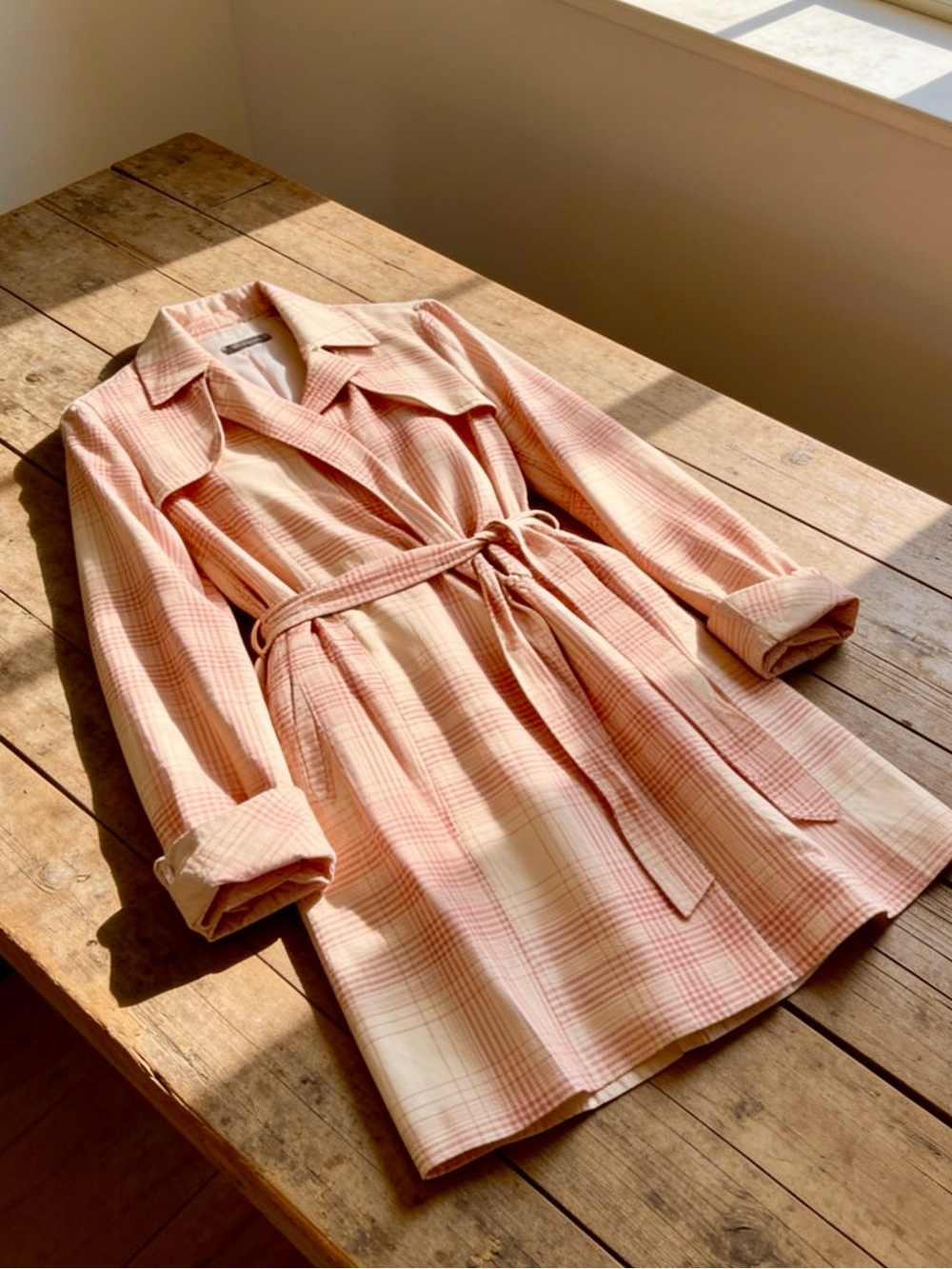 Pink soft Plaid Belted Trench Coat, perfect for back to school!